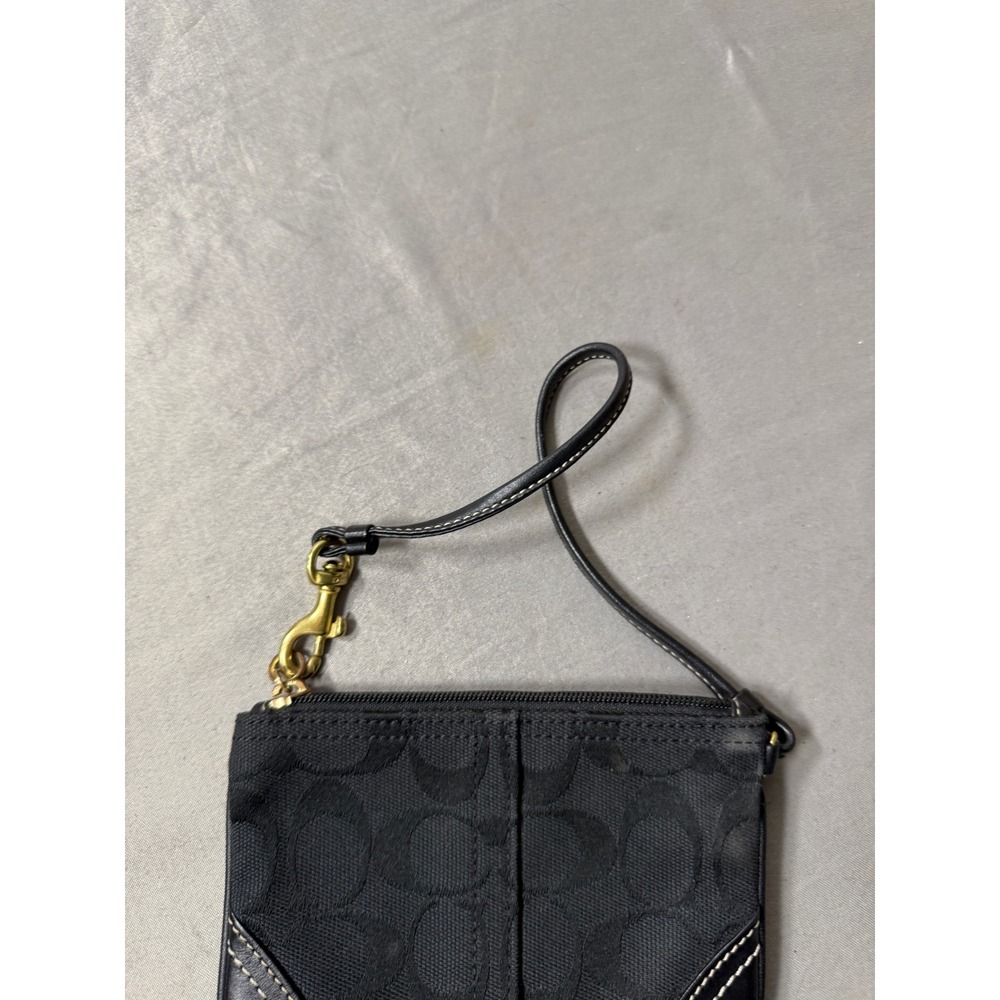 Coach Signature C Jacquard Wristlet Black Small Pouch Bag with Leather Trim - Picture 3 of 8